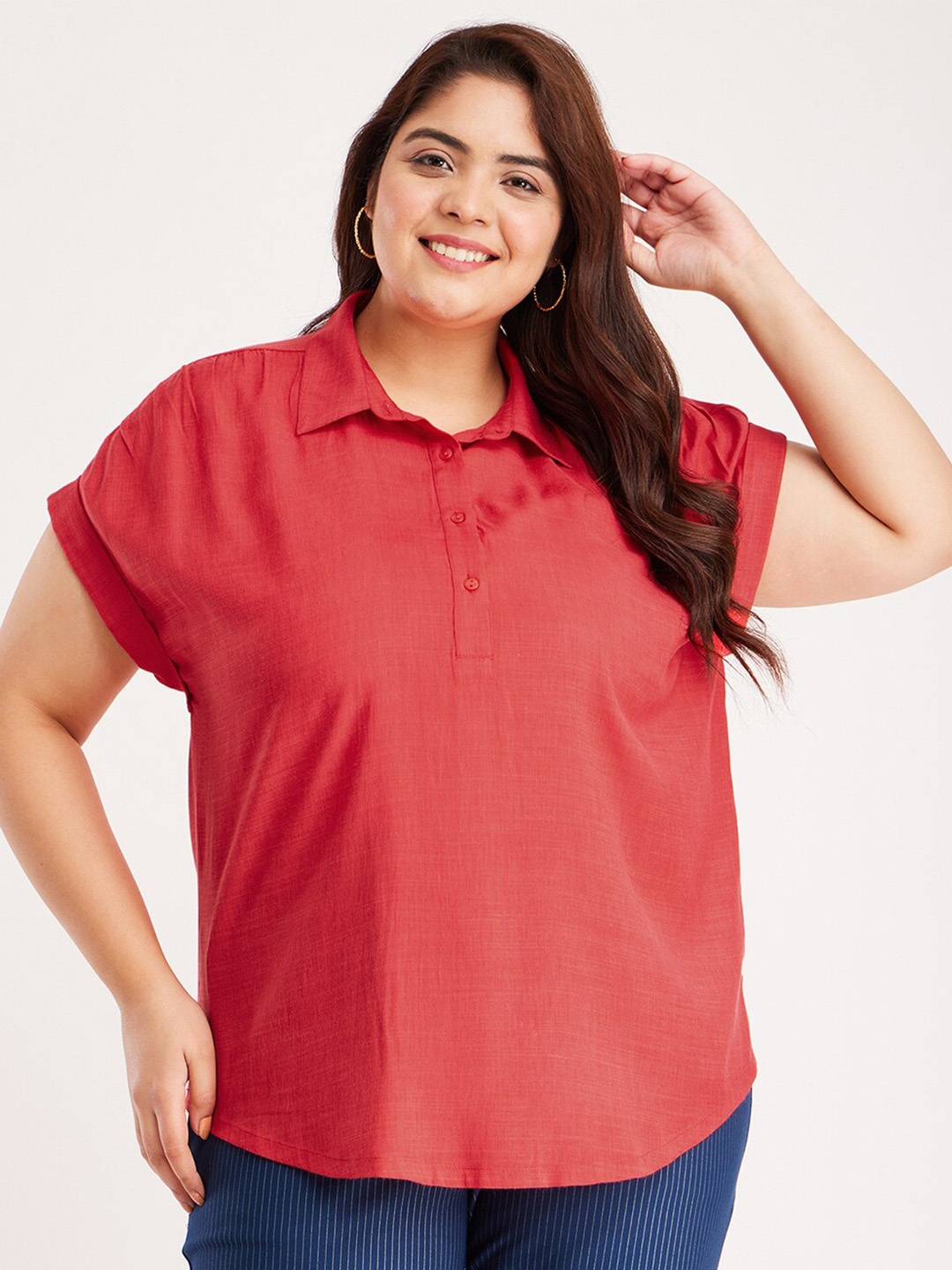 

FableStreet X Spread Collar Pure Cotton Top, Red