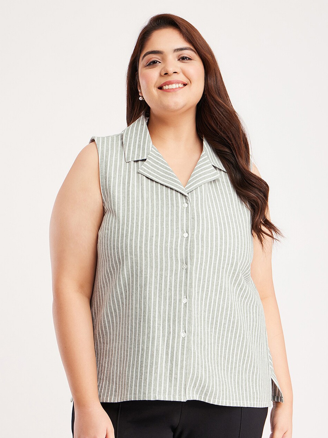 

FableStreet X Striped Cotton Linen Top, Olive