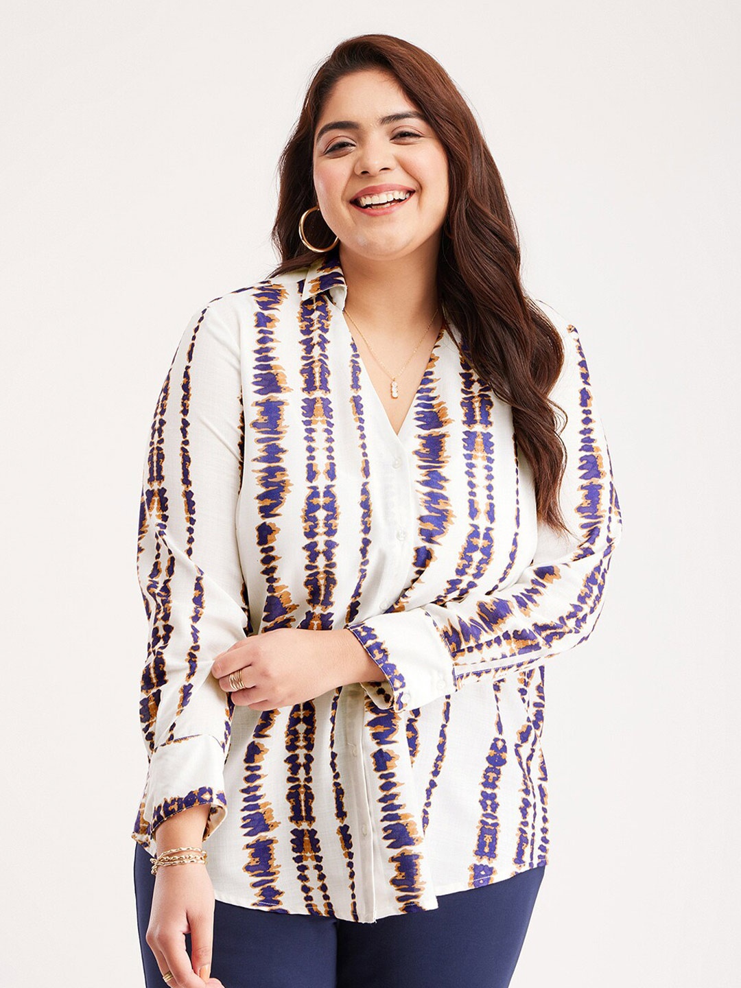 

FableStreet X Plus Size Classic Abstract Printed Casual Shirt, White