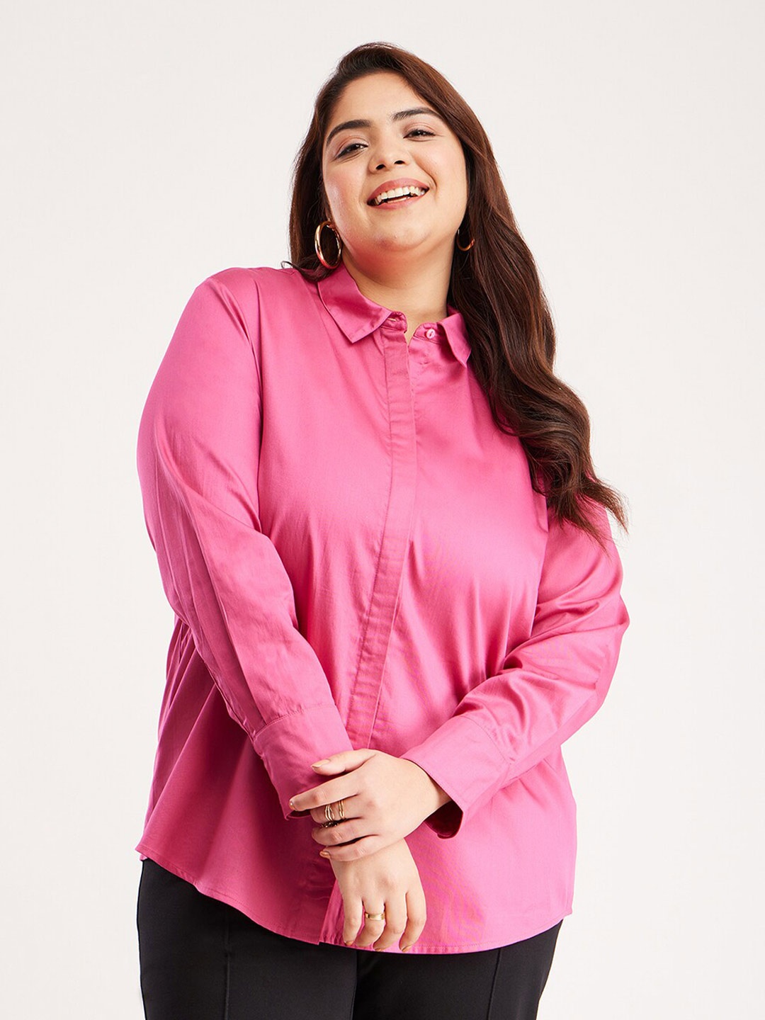 

FableStreet X Plus Size Classic Cotton Satin Casual Shirt, Fuchsia