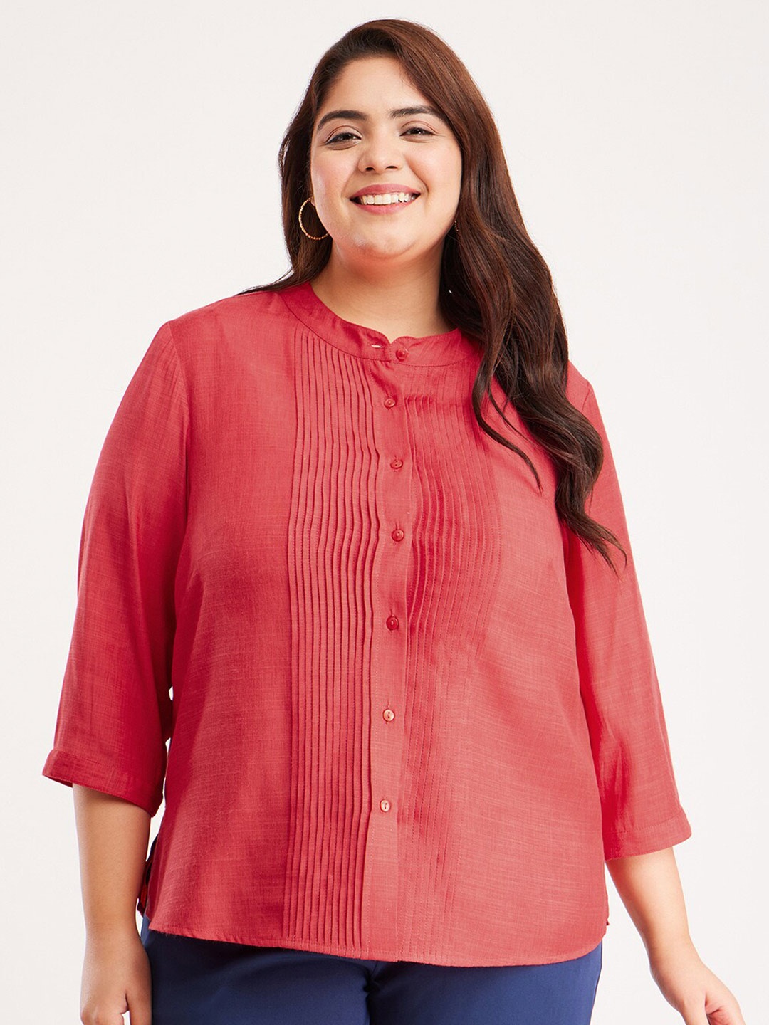 

FableStreet X Plus Size Mandarin Collar Pintuck Detail Shirt Style Top, Red