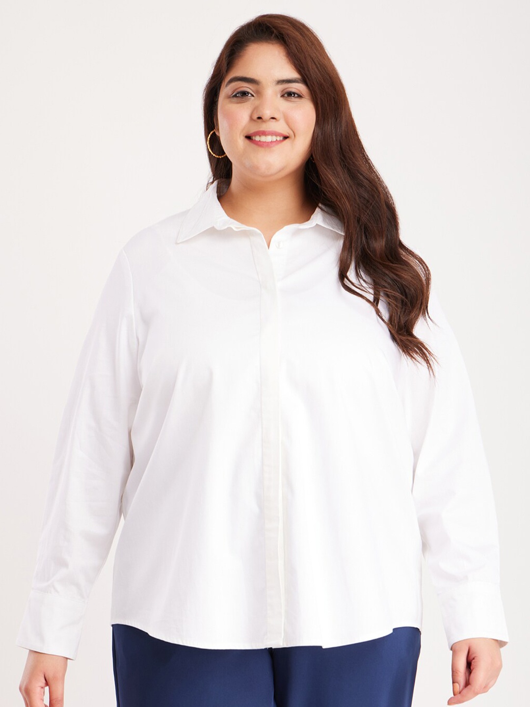 

FableStreet X Plus Size Classic Cotton Satin Casual Shirt, White