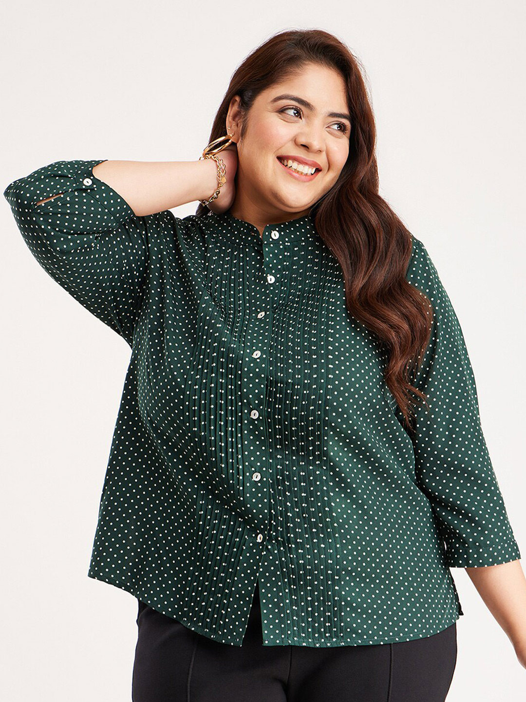 

FableStreet X Plus Size Polka Dot Printed Shirt Style Top, Green
