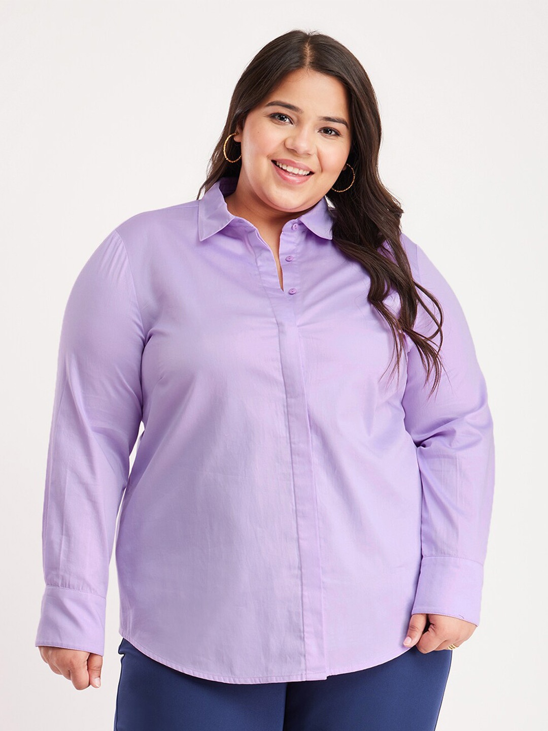 

FableStreet X Plus Size Classic Cotton Satin Casual Shirt, Purple