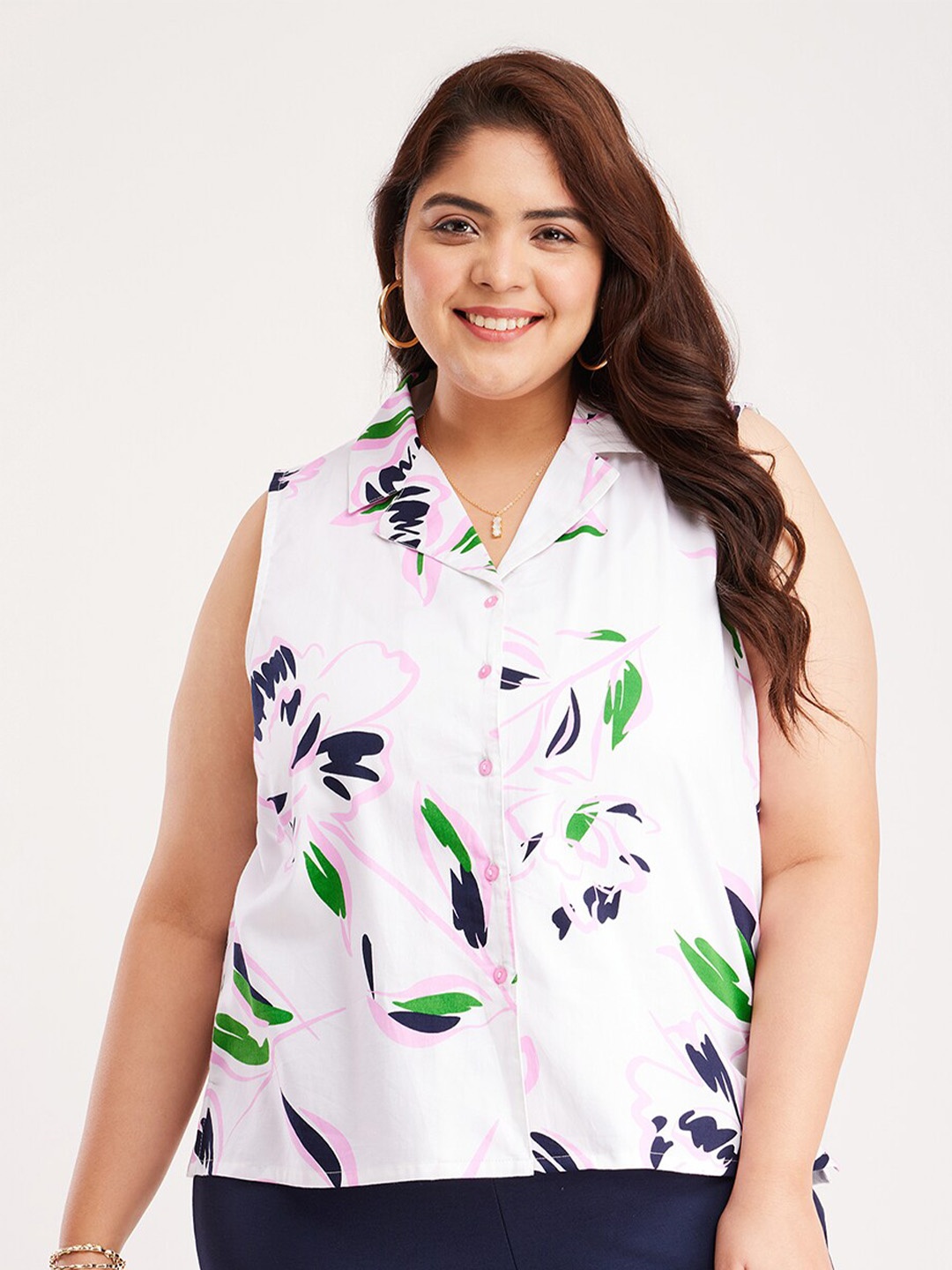 

FableStreet X Plus Size Floral Printed Pure Cotton Top, White