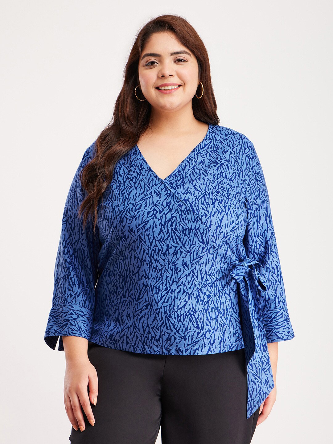 

FableStreet X Plus Size Printed Cuffed Sleeve Wrap Top, Blue