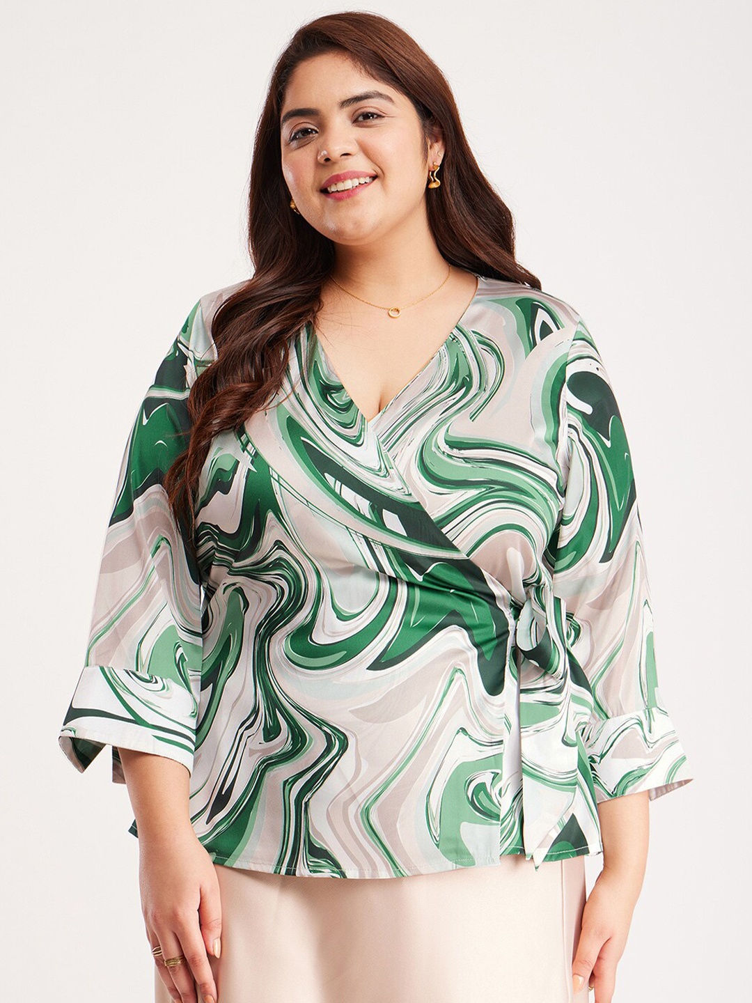 

FableStreet X Tropical Print Bell Sleeve Satin Wrap Top, Green