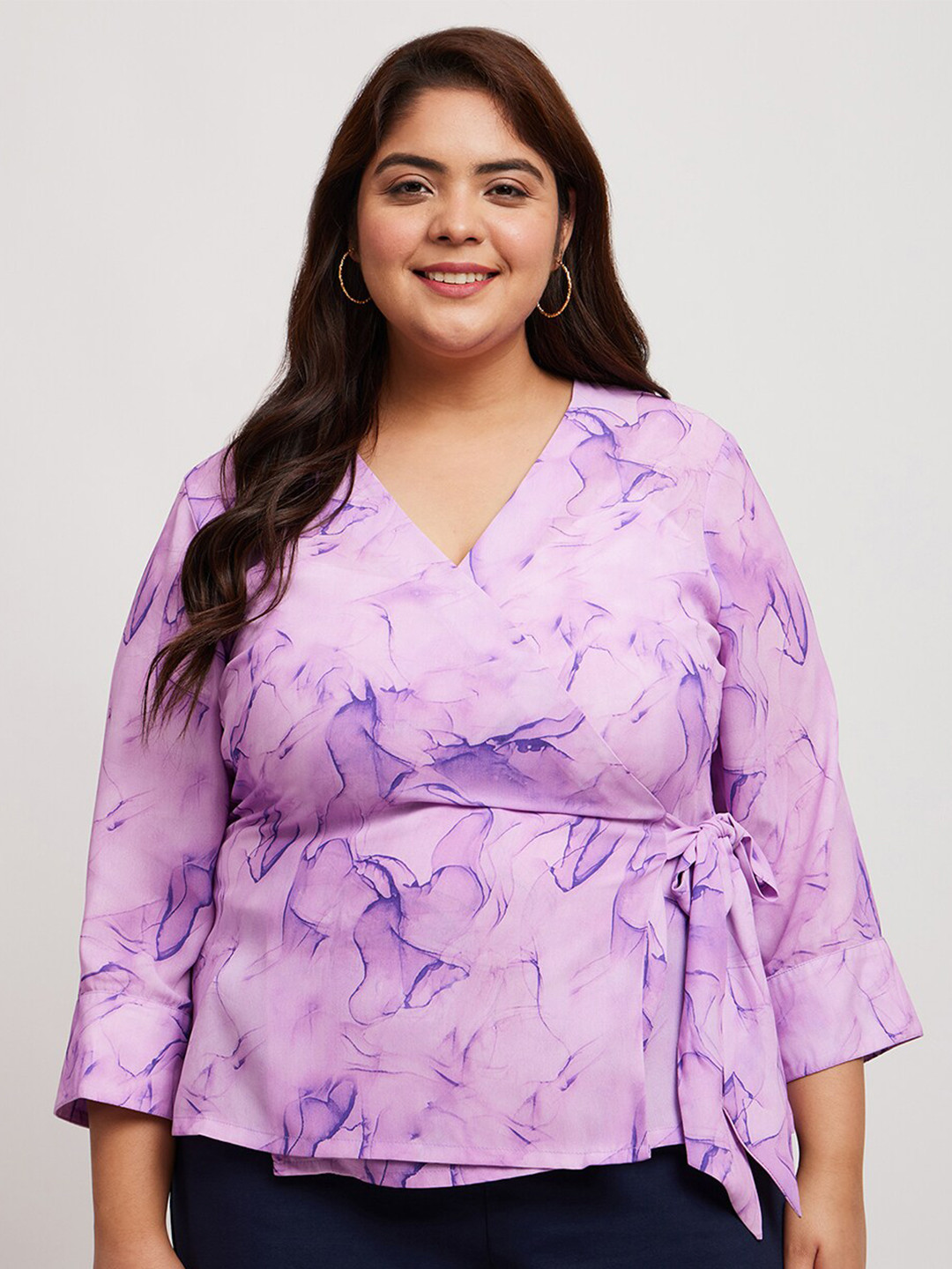 

FableStreet X Plus Size Printed V-Neck Wrap Top, Purple