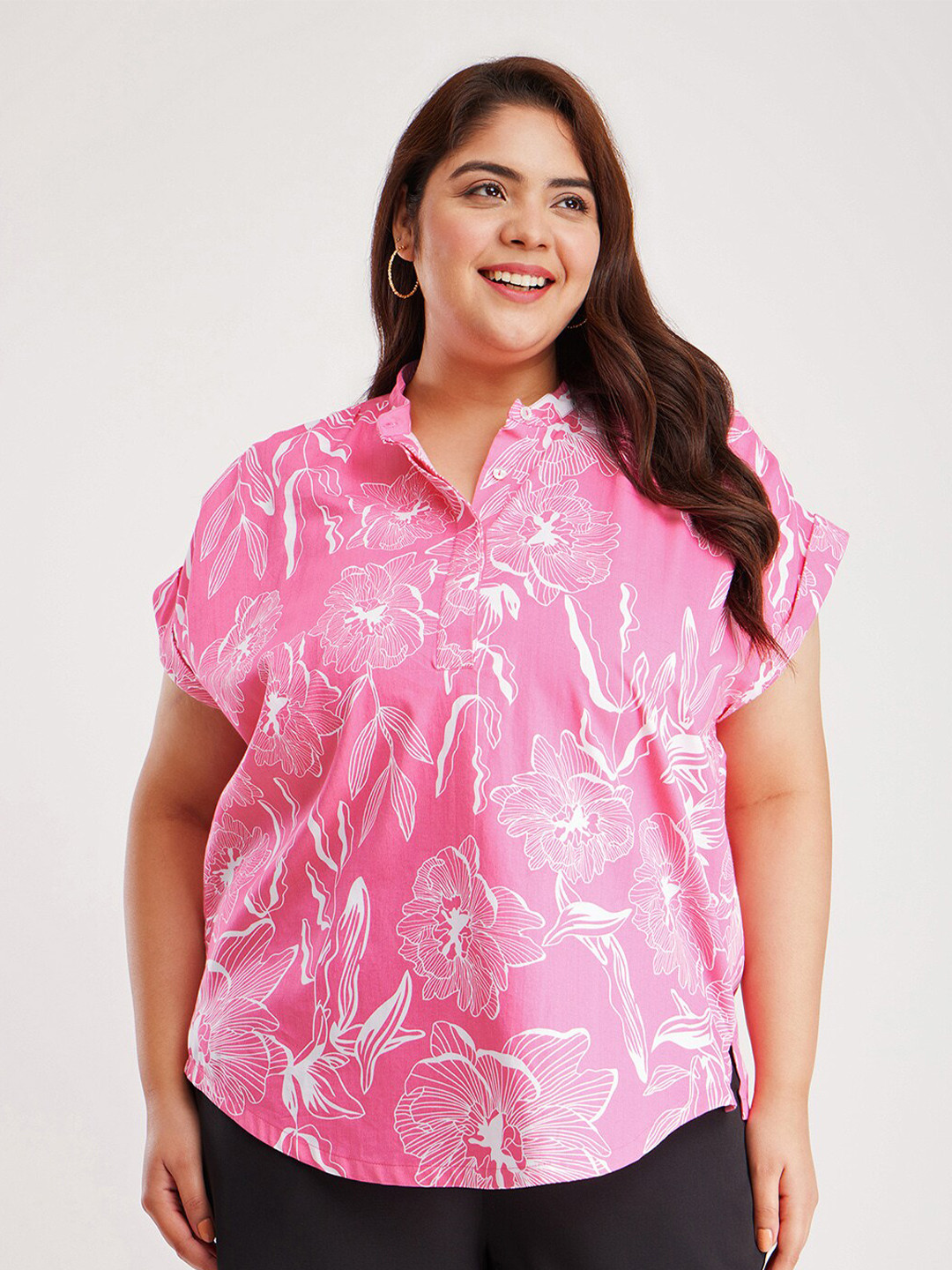 

FableStreet X Plus Size Floral Print Extended Sleeve Pure Cotton Shirt Style Top, Pink