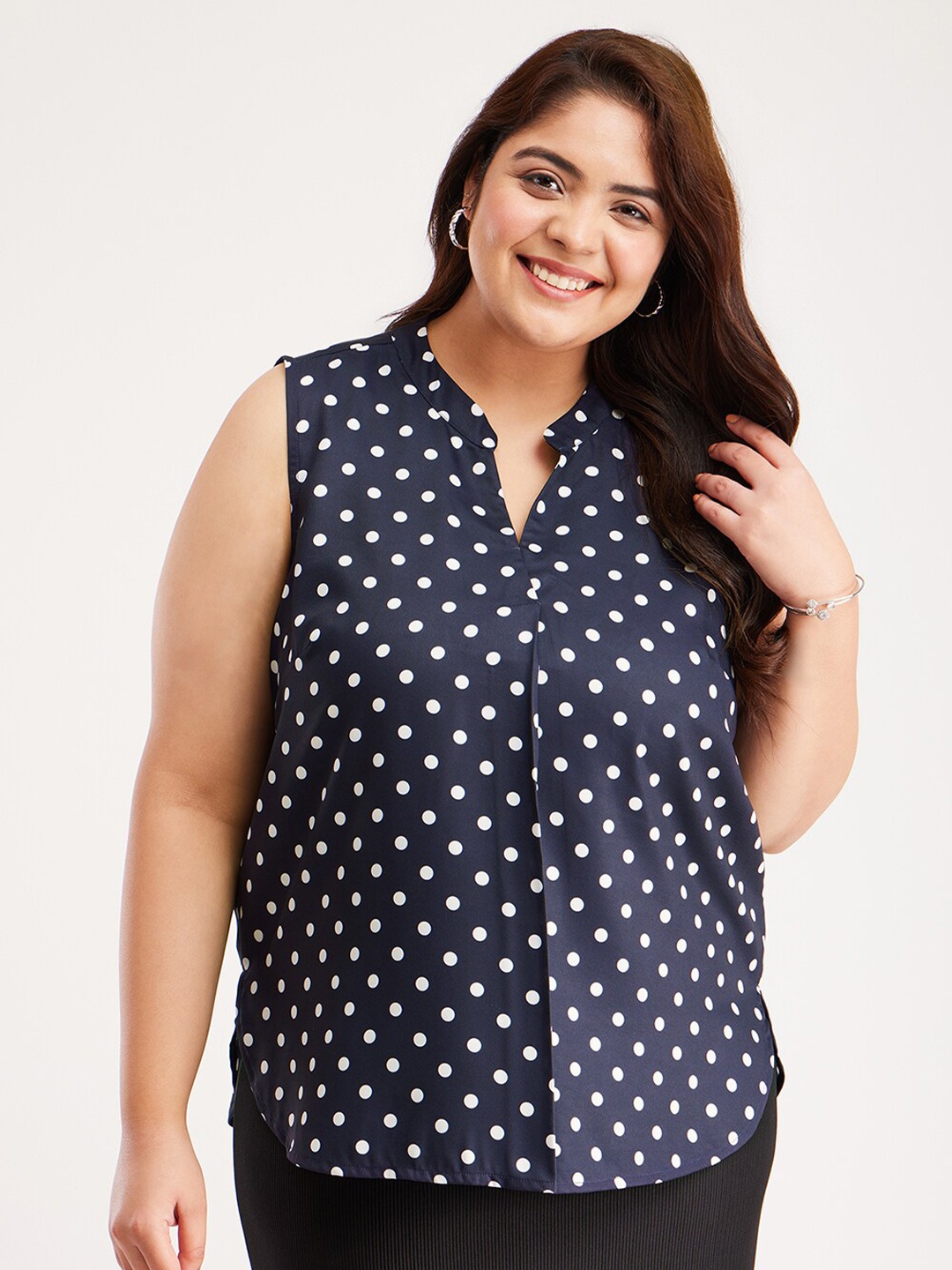 

FableStreet X Plus Size Blue Polka Dot Print Shirt Style Top, Navy blue