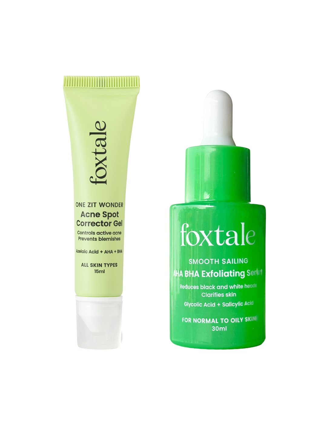 

FoxTale One Zit Wonder Acne Spot Corrector Gel + Smooth Sailing AHA BHA Exfoliating Serum, Green