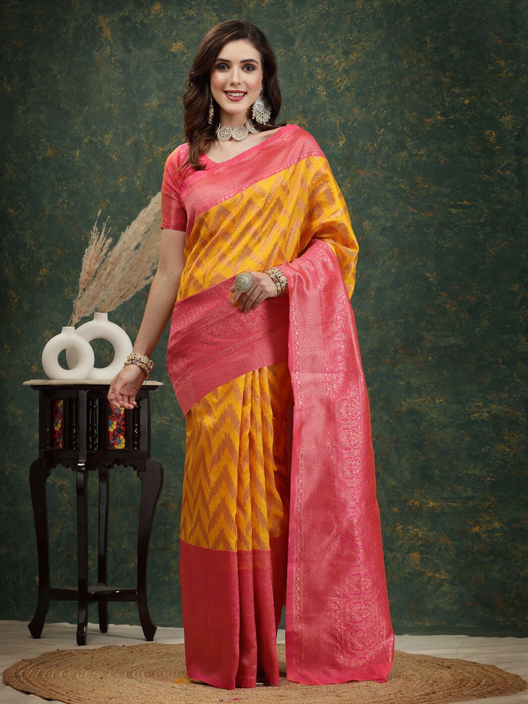 

Stylum Abstract Woven Design Zari Pure Silk Banarasi Saree, Mustard