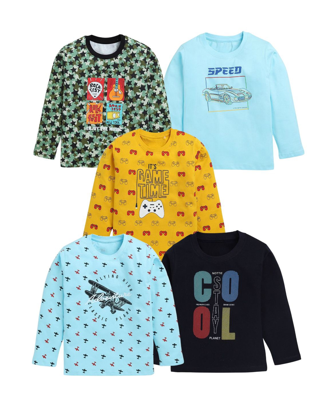 

YK Boys Pack Of 5 Conversational Printed Cotton T-shirts, Green