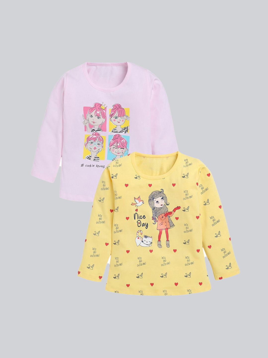 

YK Girls Pack Of 2 Conversational Printed Cotton T-shirts, Pink