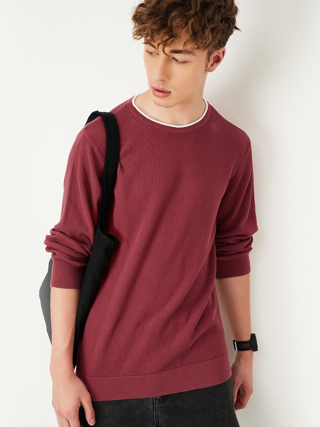 

max Round Neck Pure Cotton Pullover Sweaters, Red