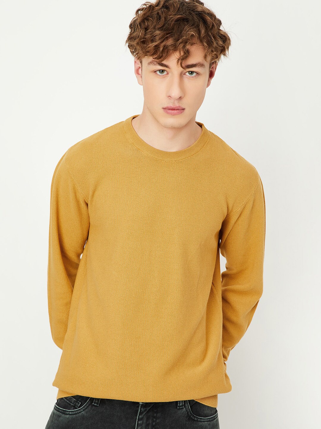 

max Round Neck Pure Cotton Pullover Sweaters, Yellow