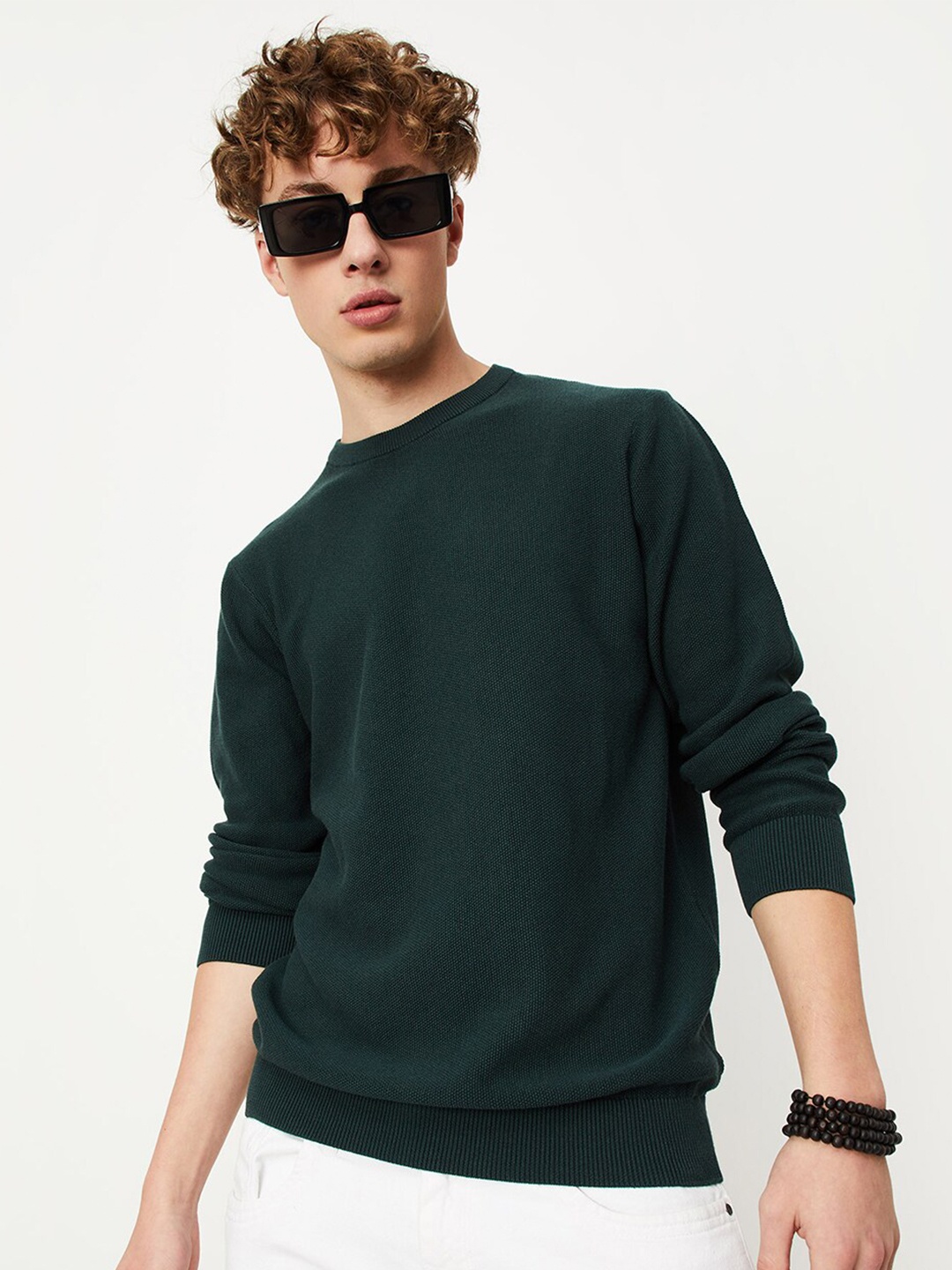 

max Round Neck Pure Cotton Pullover Sweaters, Green