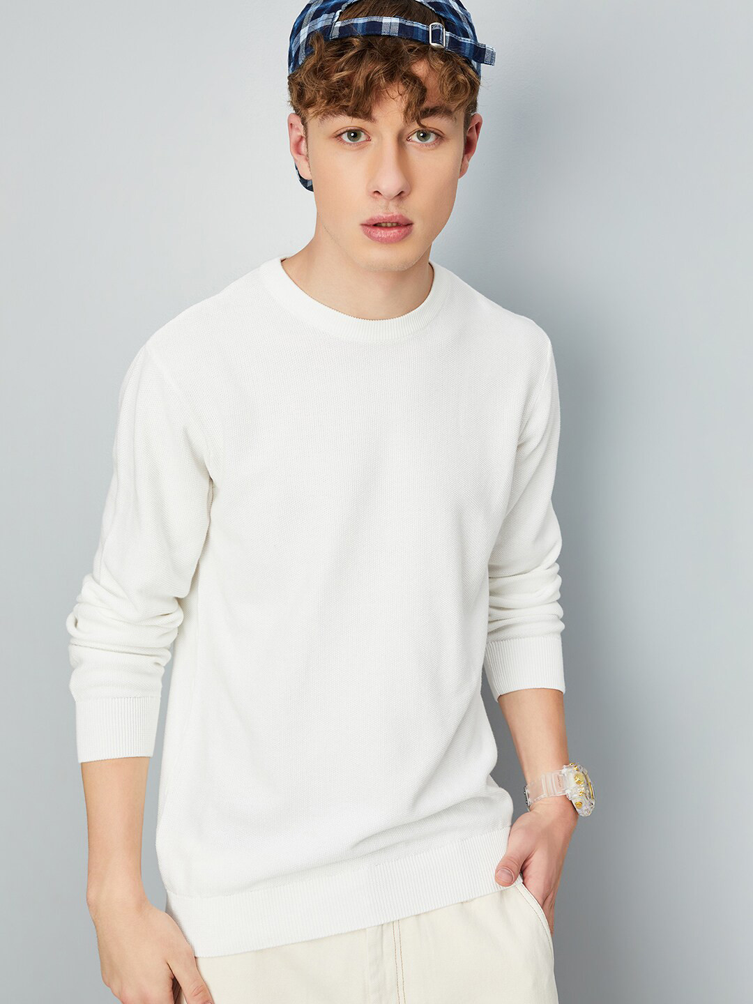 

max Round Neck Pure Cotton Pullover Sweaters, White