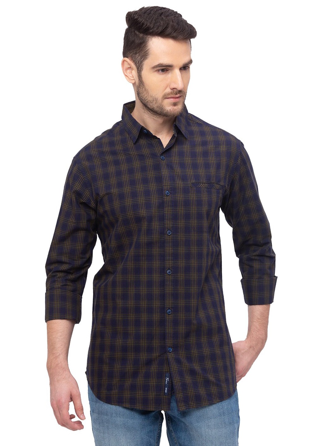 

SNX Classic Tailored Fit Tartan Checked Pure Cotton Casual Shirt, Blue
