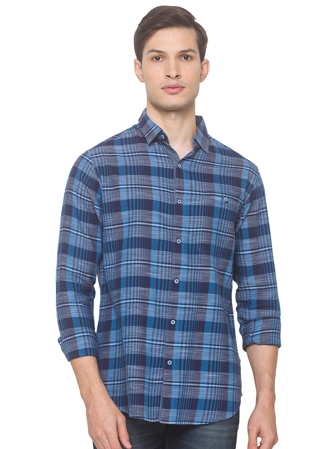 

SNX Classic Tailored Fit Tartan Checked Pure Cotton Casual Shirt, Blue