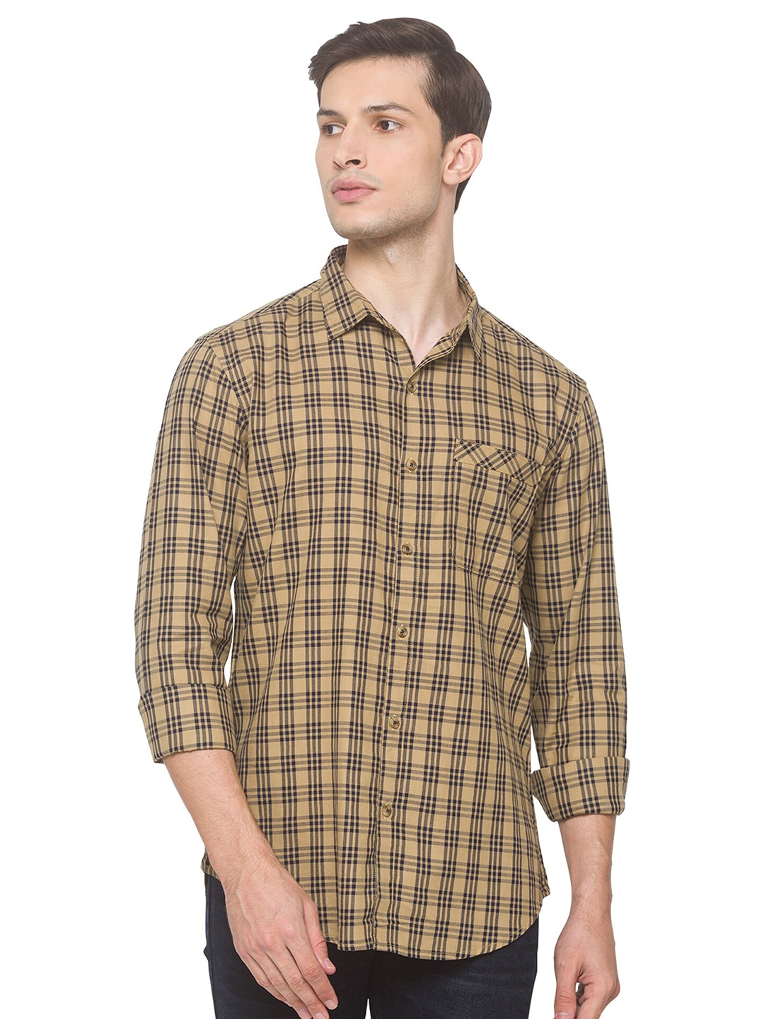 

SNX Classic Tailored Fit Tartan Checked Pure Cotton Casual Shirt, Beige