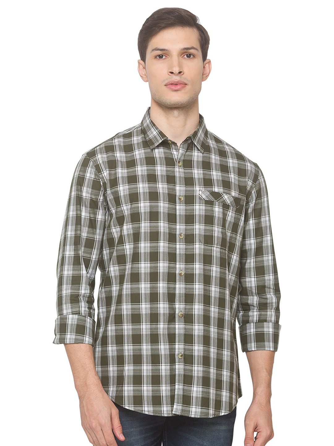 

SNX Classic Tailored Fit Tartan Checks Pure Cotton Casual Shirt, Olive