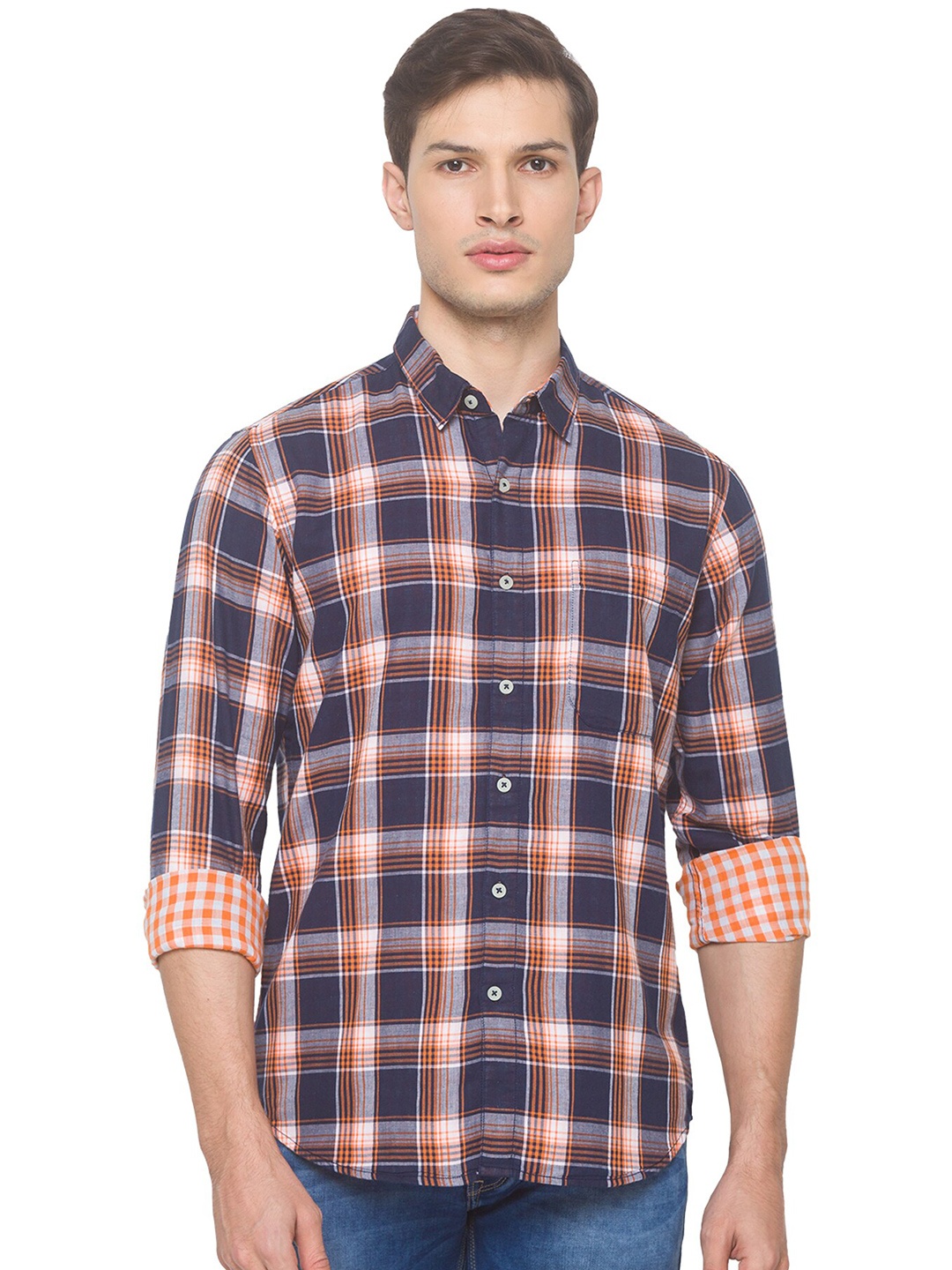 

SNX Classic Tailored Fit Tartan Checks Pure Cotton Casual Shirt, Orange