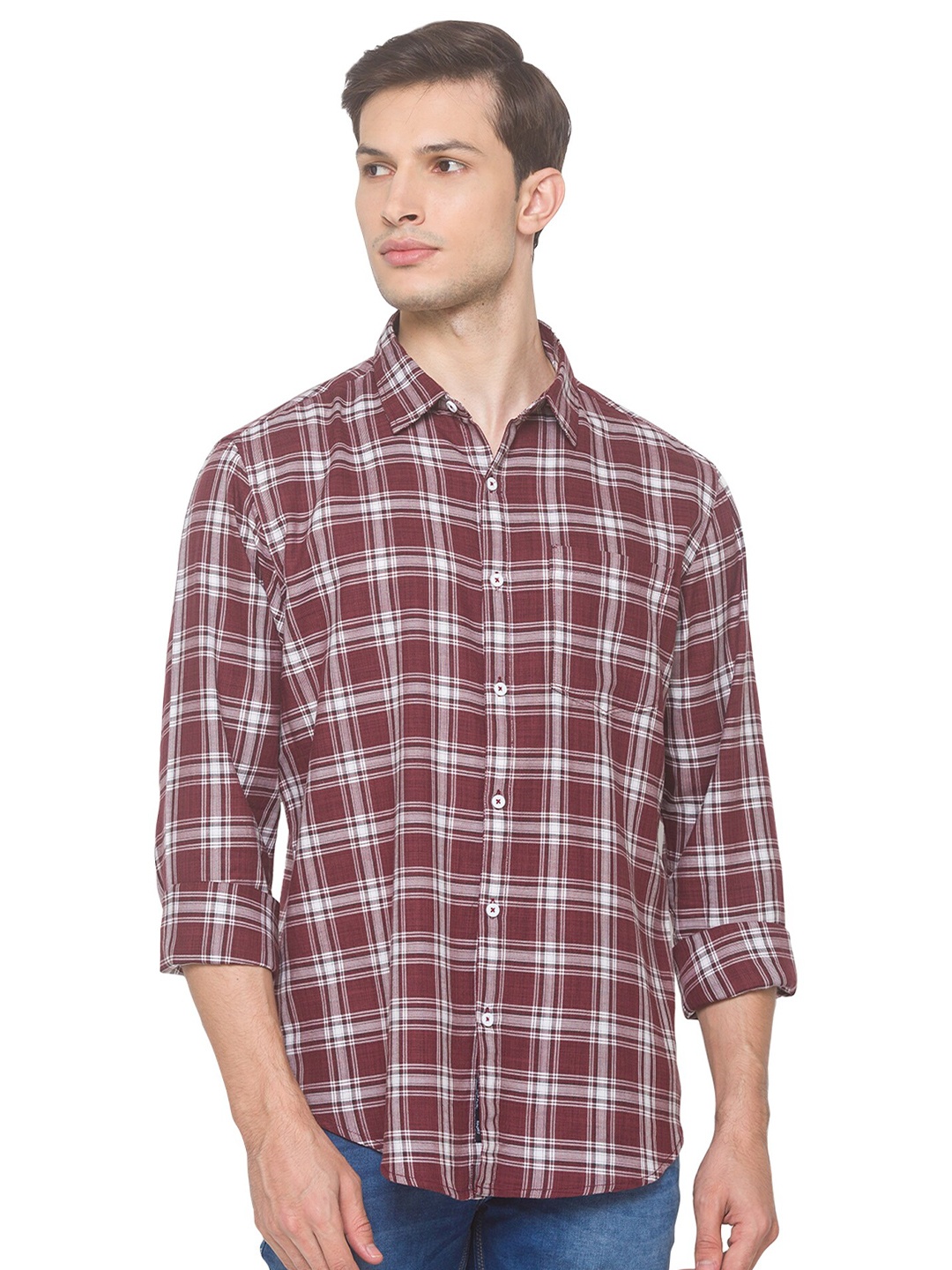 

SNX Classic Tailored Fit Tartan Checks Pure Cotton Casual Shirt, Maroon