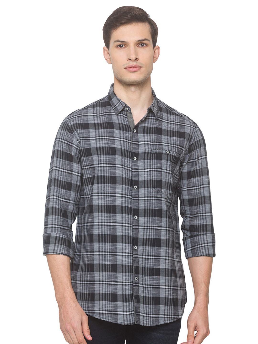 

SNX Classic Tailored Fit Tartan Checks Pure Cotton Casual Shirt, Grey