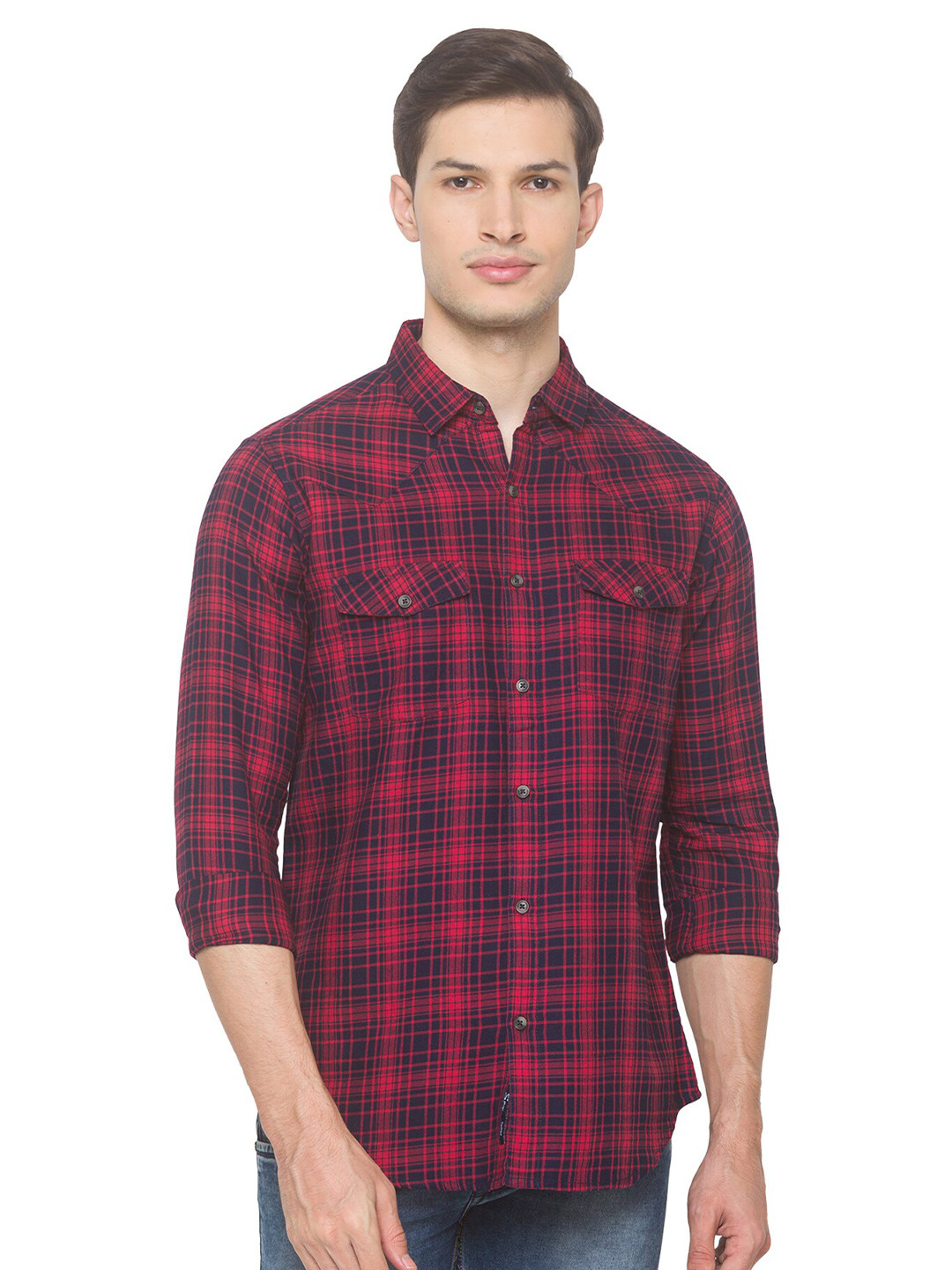 

SNX Classic Tailored Fit Tartan Checked Pure Cotton Casual Shirt, Red