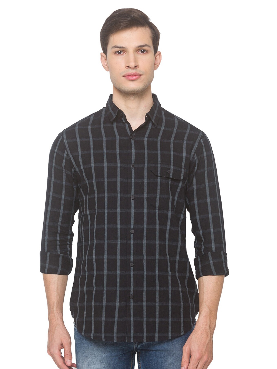 

SNX Classic Tailored Fit Windowpane Checks Pure Cotton Casual Shirt, Black