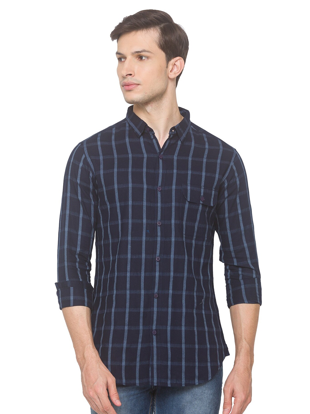 

SNX Classic Tailored Fit Windowpane Checked Pure Cotton Casual Shirt, Grey