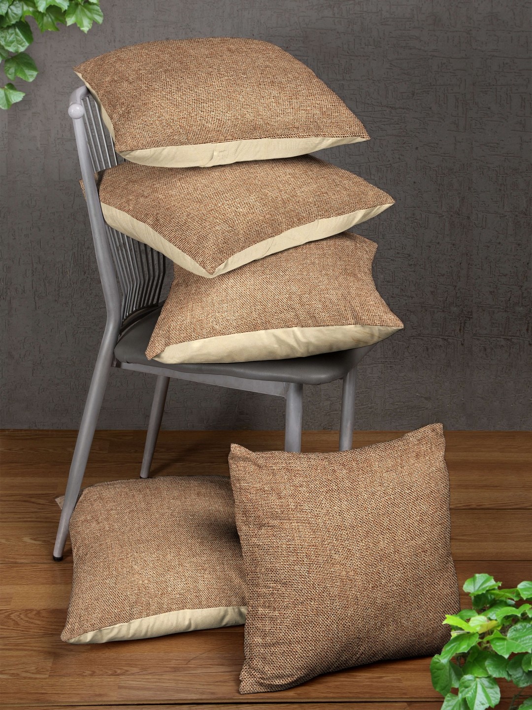 

ROMEE Beige Set of 5 Solid Square Cushion Covers