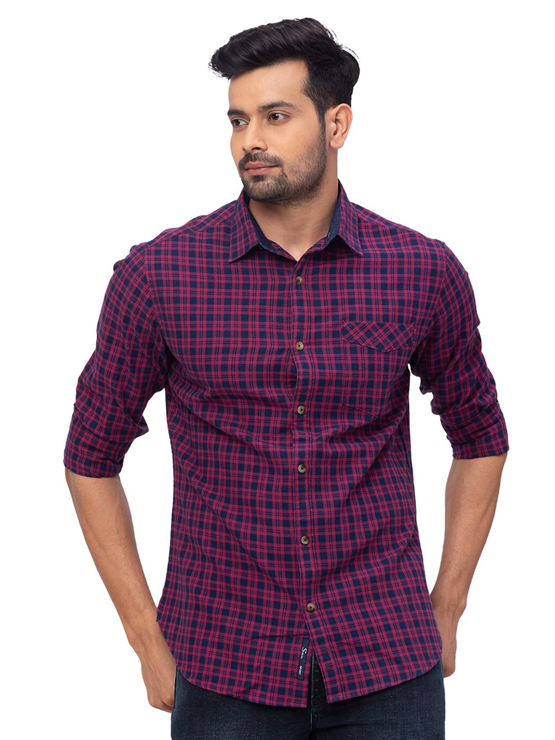 

SNX Checked Classic Tailored Fit Cotton Casual Shirt, Pink