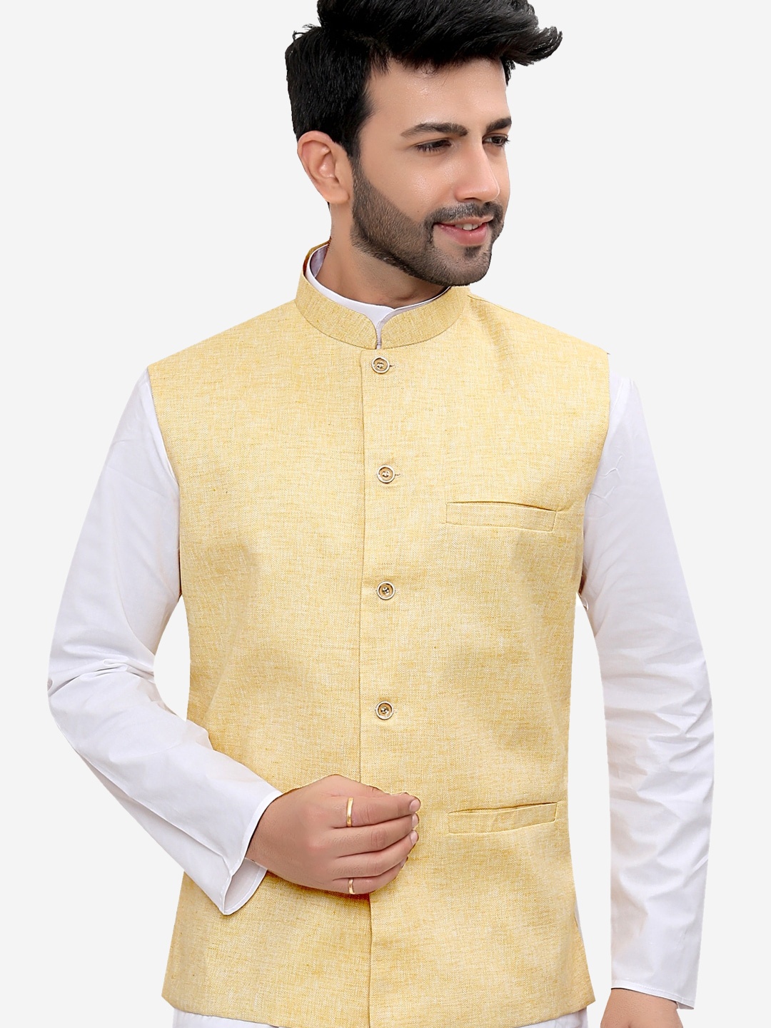 

Authentics Mandarin Collar Nehru Jacket, Yellow