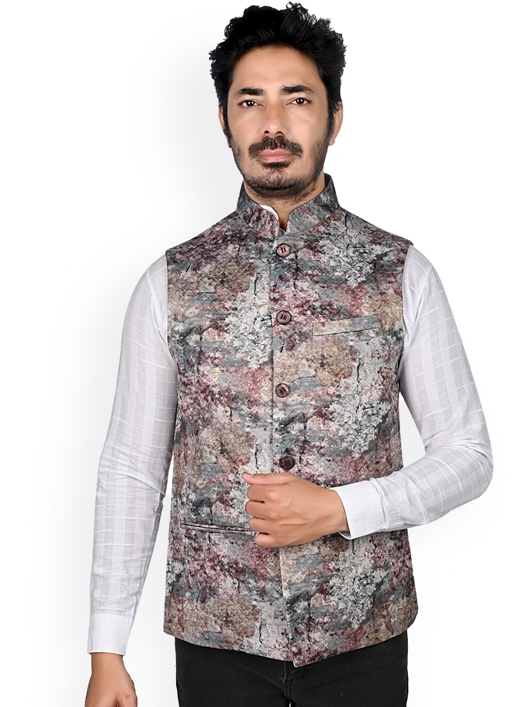 

Authentics Abstract Printed Mandarin Collar Velvet Nehru Jacket, Grey