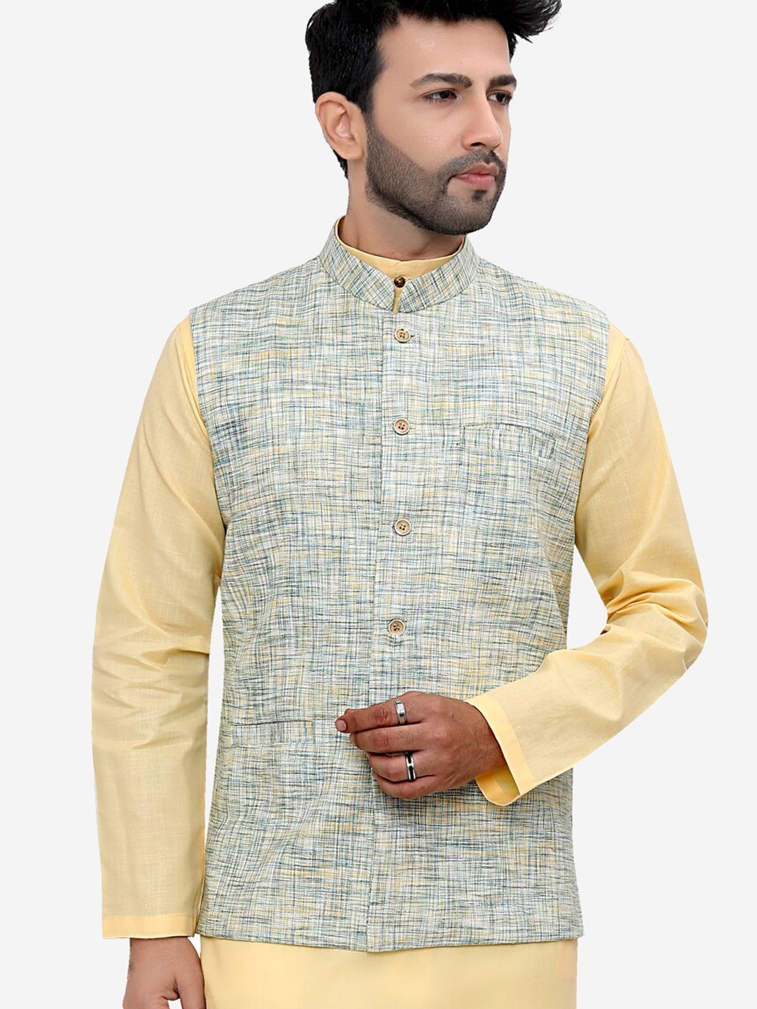 

Authentics Woven Design Mandarin Collar Cotton Linen Nehru Jacket, Green