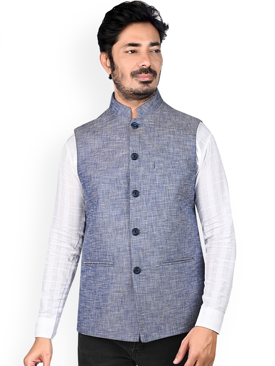 

Authentics Woven Design Mandarin Collar Nehru Jacket, Blue