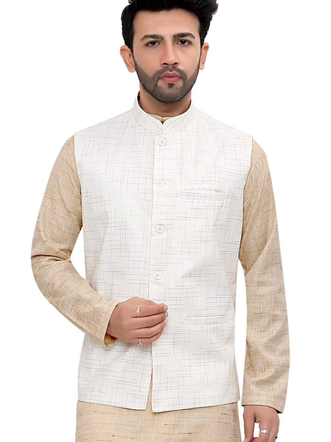 

Authentics Woven Design Mandarin Collar Nehru Jacket, Off white