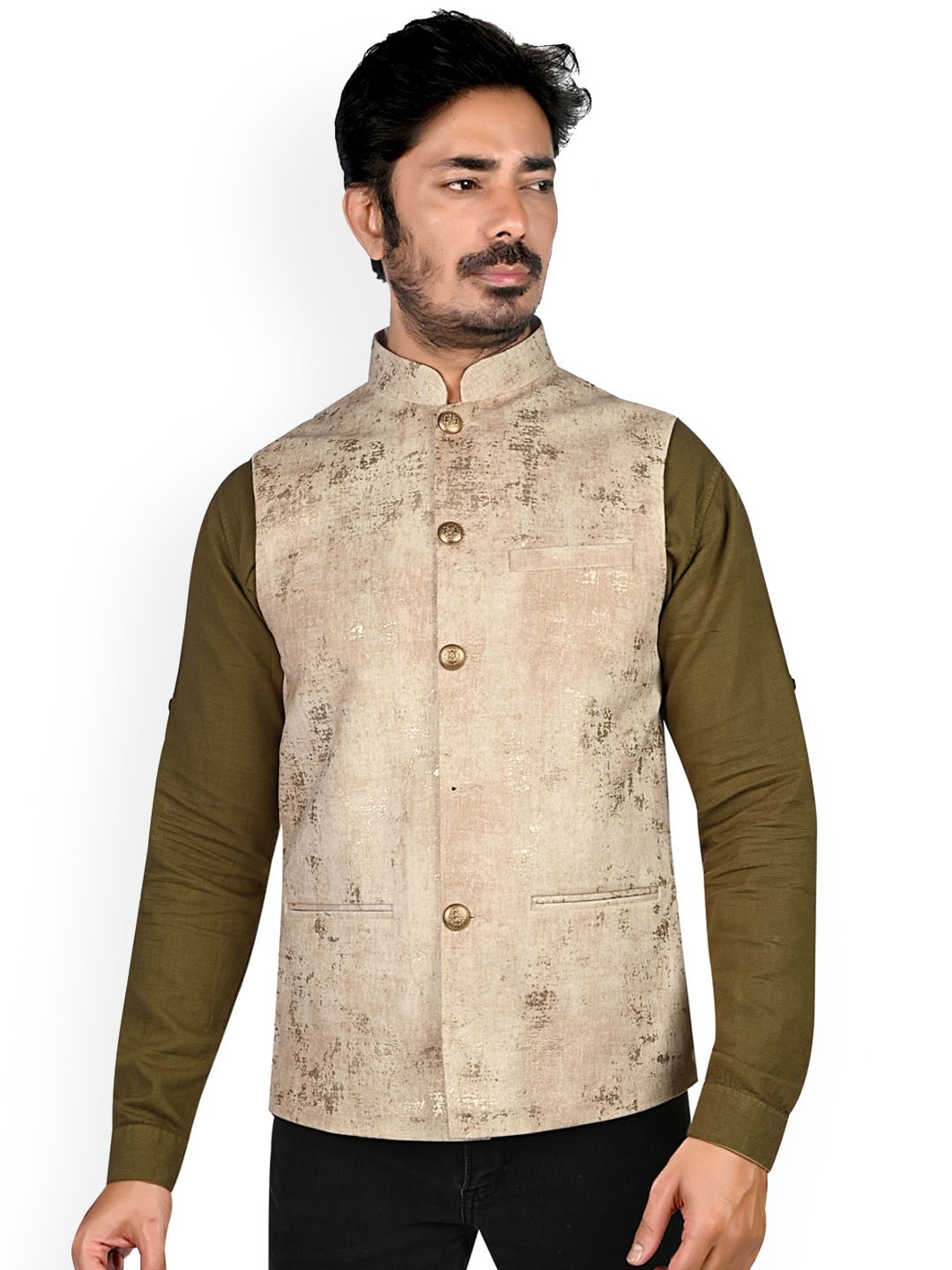 

Authentics Printed Velvet Nehru Jackets, Beige