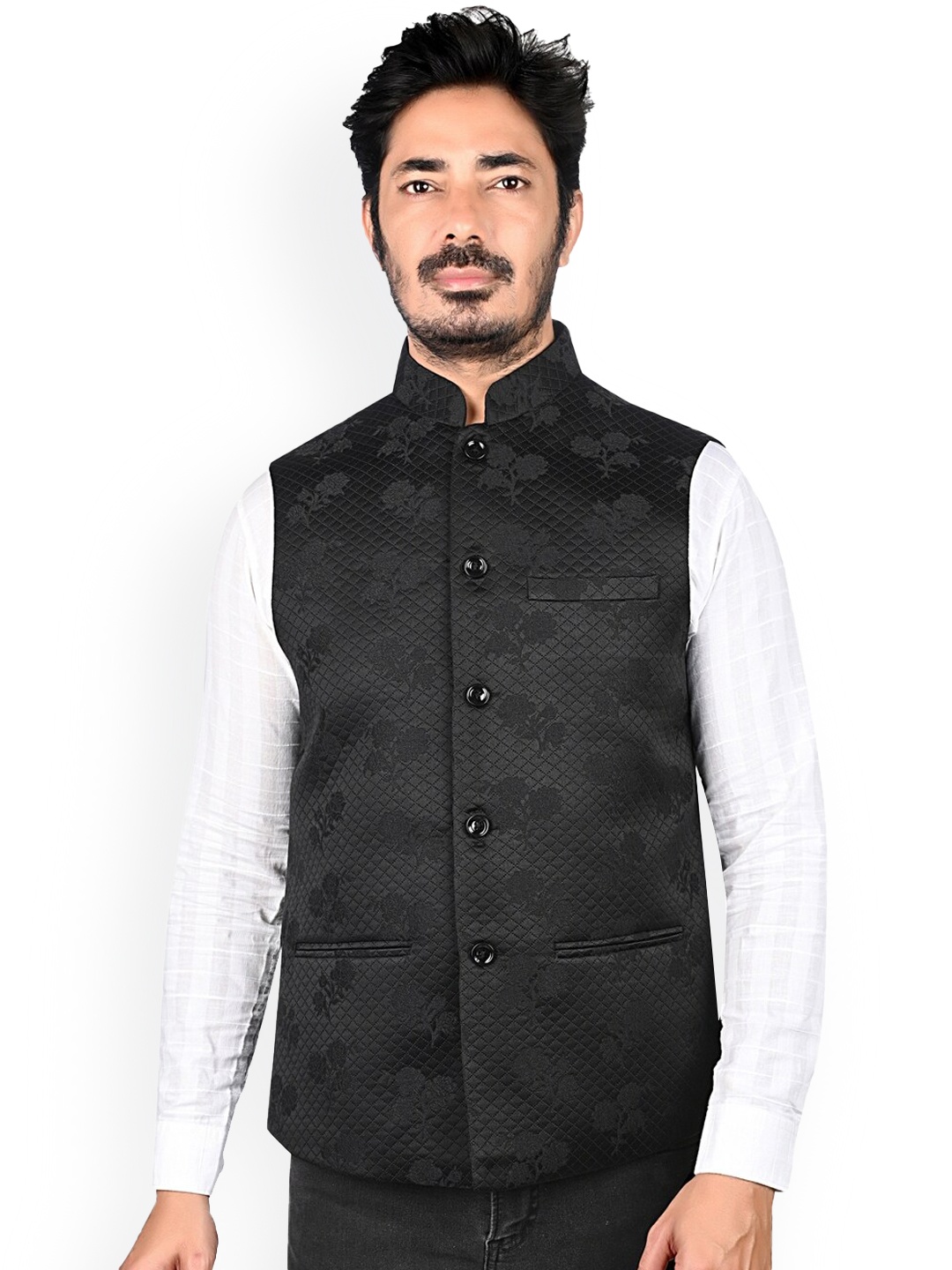 

Authentics Woven Design Mandarin Collar Nehru Jacket, Black