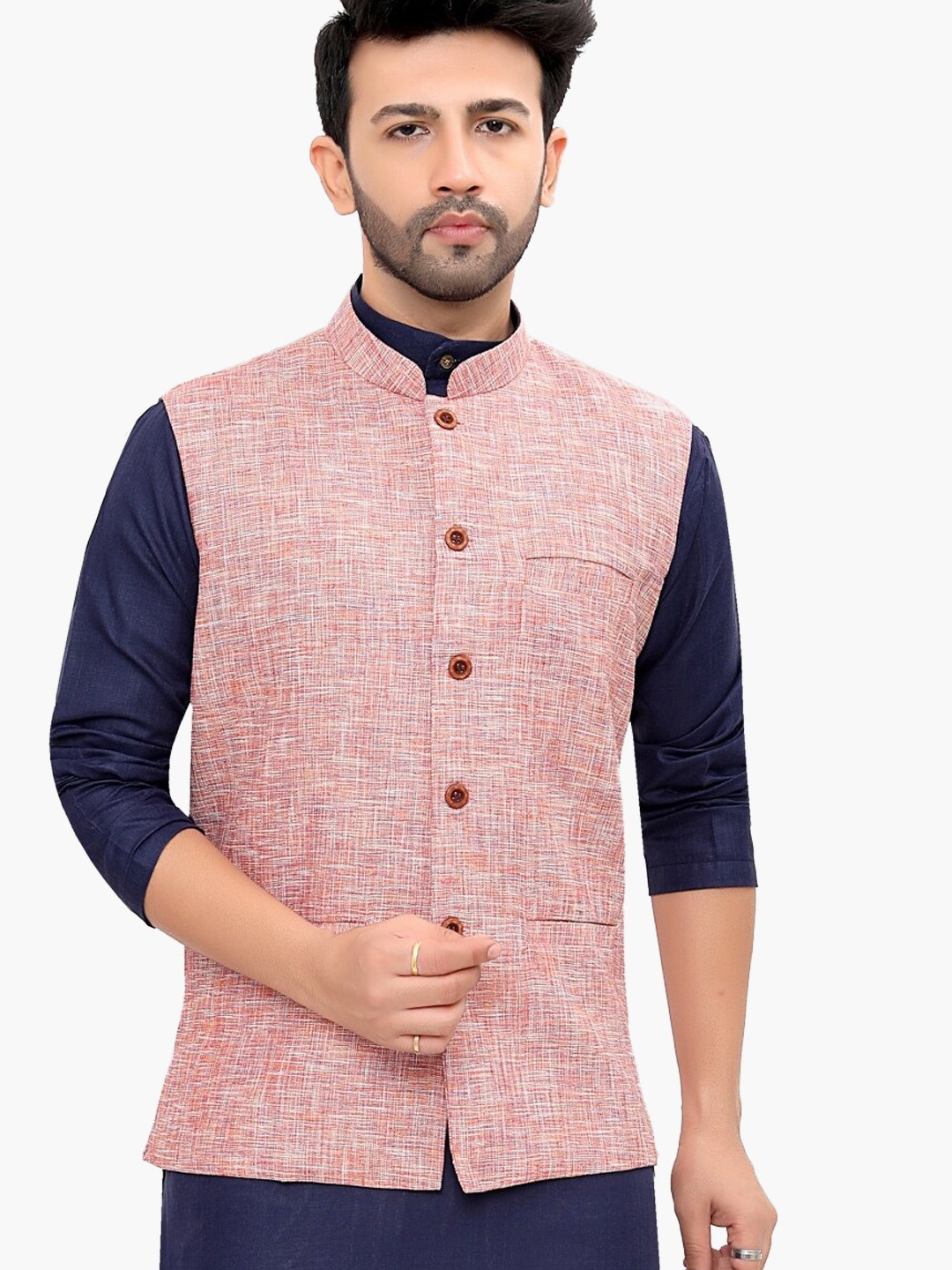 

Authentics Woven Design Mandarin Collar Cotton Linen Nehru Jacket, Pink