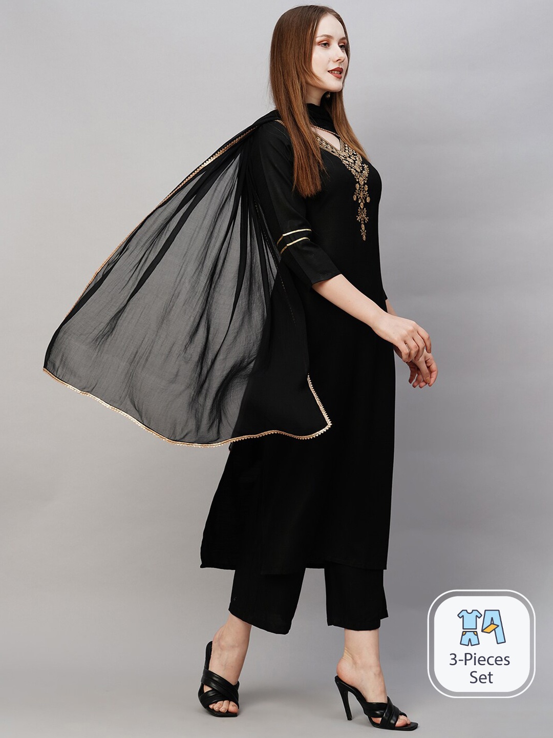

KALINI Floral Embroidered Thread Work Kurta With Palazzos & Dupatta, Black