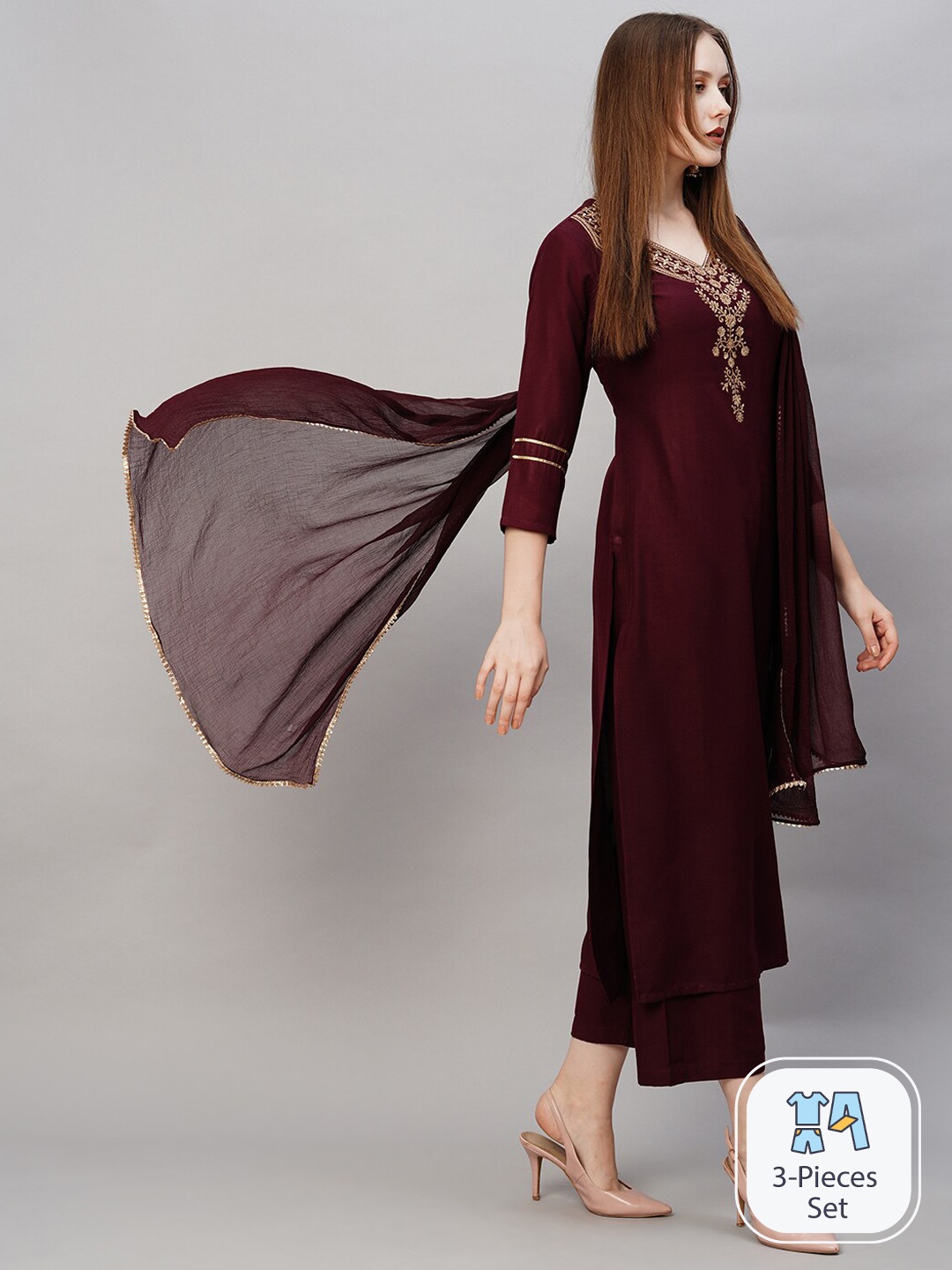 

KALINI Floral Embroidered Thread Work Kurta With Palazzos & Dupatta, Brown