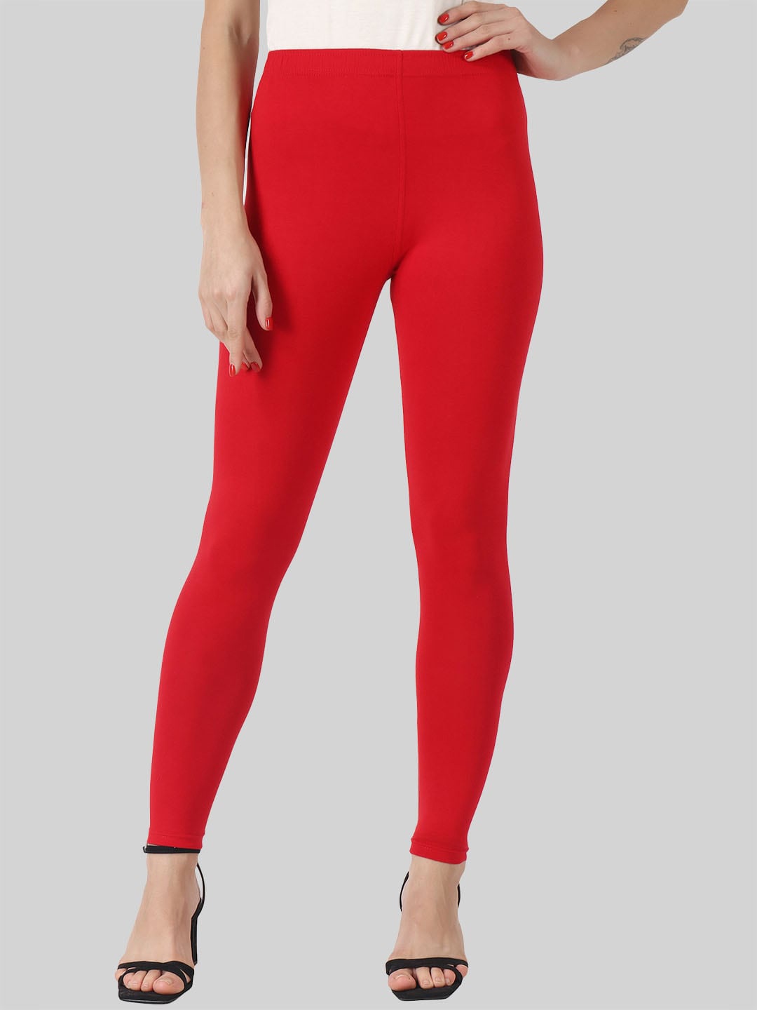 

SAUNDARYA Mid Rise Stretch-Fit Anti-Pilling Ankle Length Leggings, Red