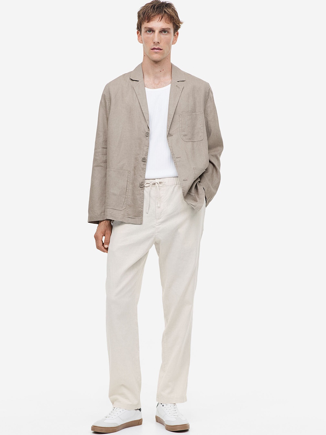 

H&M Men Regular Fit Linen-Blend Trousers, White