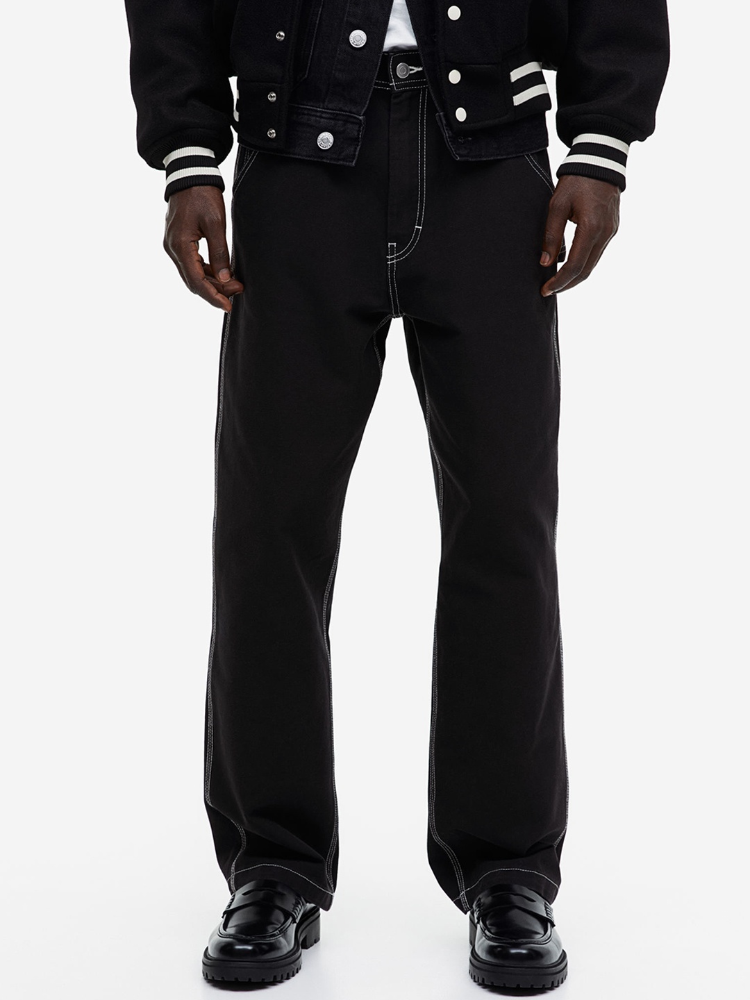 

H&M Men Pure Cotton Relaxed Fit Worker Trousers, Black