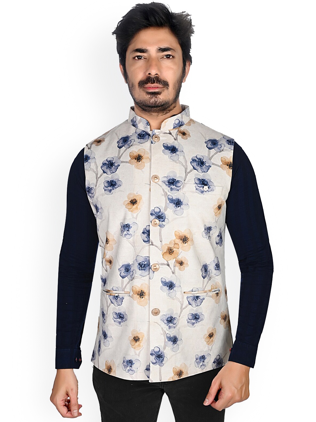 

Authentics Floral Printed Mandarin Collar Velvet Nehru Jackets, White