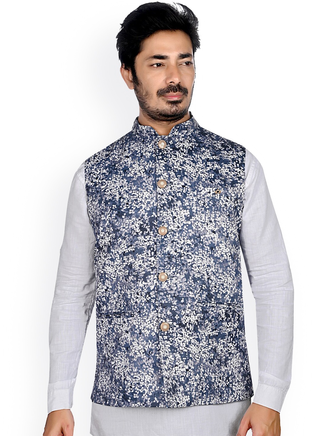 

Authentics Floral Printed Mandarin Collar Velvet Nehru Jackets, Blue