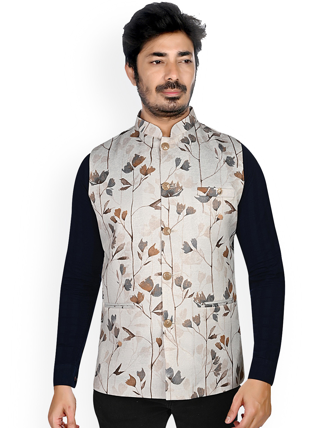 

Authentics Floral Printed Mandarin Collar Woven Nehru Jackets, Grey